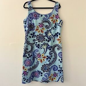 Linen Shift Dress Willow Glen Light Blue Large Paisley Pattern Lined Plus Sz. 16